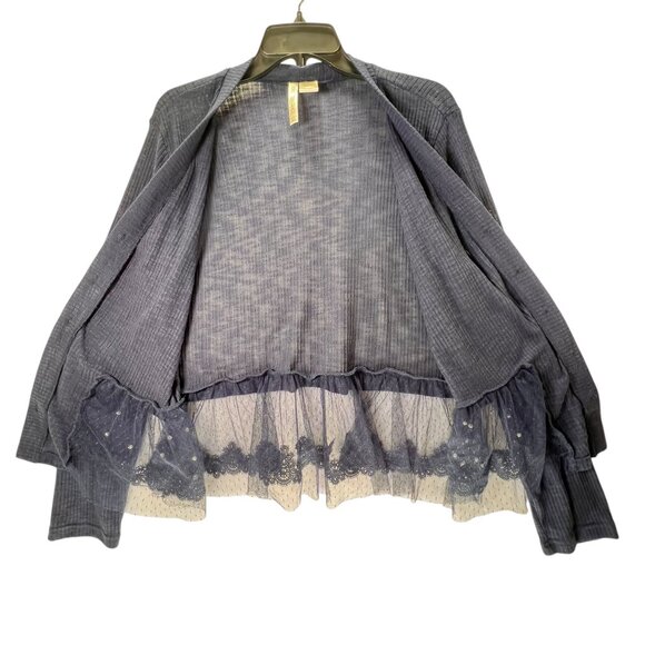 Forgotten Grace Cardigan Sheer Lace Hem Navy Blue Sweater Pearl Buttons Ribbed - Picture 2 of 15